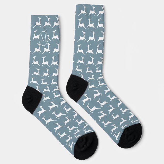 Leaping Reindeer Pattern on Dusty Teal Monogram Socks (Right)