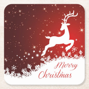 Leaping reindeer, snowflakes Christmas Square Paper Coaster