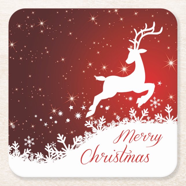 Leaping reindeer, snowflakes Christmas Square Paper Coaster (Front)