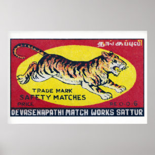Leaping Tiger Matchbox Art Print, Indian Vintage Poster