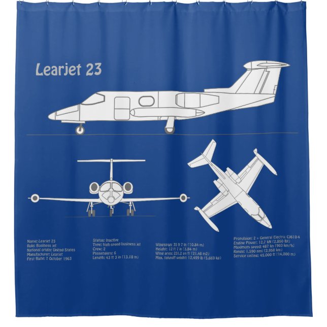 Learjet 23 - Aeroplane Blueprint Drawing Plans ABD Shower Curtain (Front)