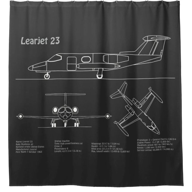 Learjet 23 - Aeroplane Blueprint Drawing Plans PD Shower Curtain (Front)