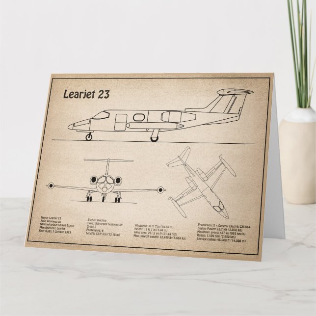 Learjet 23 - Aeroplane Blueprint Drawing Plans SD Thank You Card (Front)