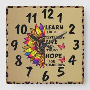 Learn From Yesterday Quotes Rainbow Sunflower Gold Square Wall Clock