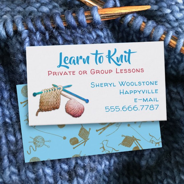 Learn to Knit Needles Yarn Knitting Lessons Business Card (Creator Uploaded)