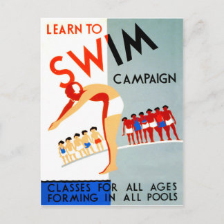Learn to swim campaign, vintage postcard