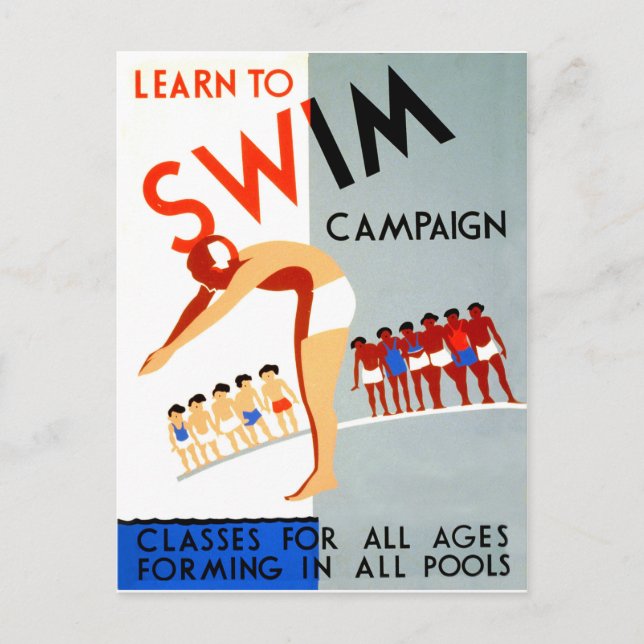 Learn to swim campaign, vintage postcard (Front)