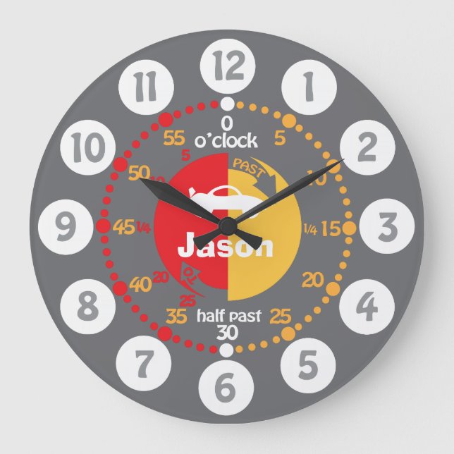 Learn to tell time grey red named boys car clock (Front)