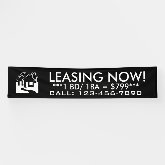 Leasing now simple black white house banner sign (Horizontal)