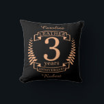 Leather 3 years wedding anniversary cushion<br><div class="desc">A design to celebrate 3 years of marriage. This design has a tan (leather) coloured laurel design on a black background. Leather is the traditional gift for this occasion. The text reads Leather 3 years anniversary. A romantic design to celebrate your 3rd year of marriage. If you would like any...</div>
