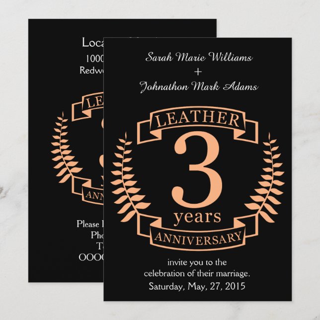 Leather 3 years wedding anniversary invitation (Front/Back)
