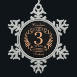 Leather 3 years wedding anniversary snowflake pewter christmas ornament<br><div class="desc">A design to celebrate 3 years of marriage. This design has a tan (leather) coloured laurel design on a black background. Leather is the traditional gift for this occasion. The text reads Leather 3 years anniversary. A romantic design to celebrate your 3rd year of marriage. If you would like any...</div>