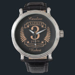 Leather 3 years wedding anniversary watch<br><div class="desc">A design to celebrate 3 years of marriage. This design has a tan (leather) coloured laurel design on a black background. Leather is the traditional gift for this occasion. The text reads Leather 3 years anniversary. A romantic design to celebrate your 3rd year of marriage. If you would like any...</div>