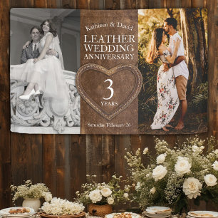 Leather 3rd wedding anniversary heart party banner