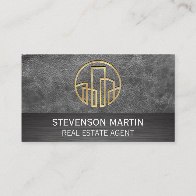 Leather and Metallic | Gold Embossed Buildings Business Card (Front)