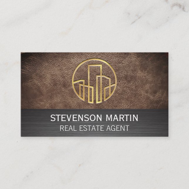 Leather and Metallic | Gold Embossed Buildings Business Card (Front)