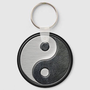Leather and Steel Effect Yin Yang Graphic Key Ring