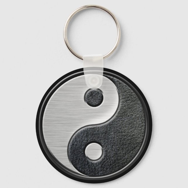 Leather and Steel Effect Yin Yang Graphic Key Ring (Front)