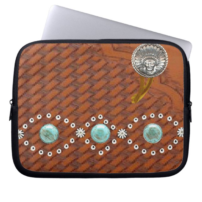 Leather "Apache" Turquoise Western Laptop Sleeve (Front)