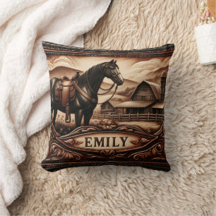 Leather Art Depicting Horse Near Rustic Barn Cushion