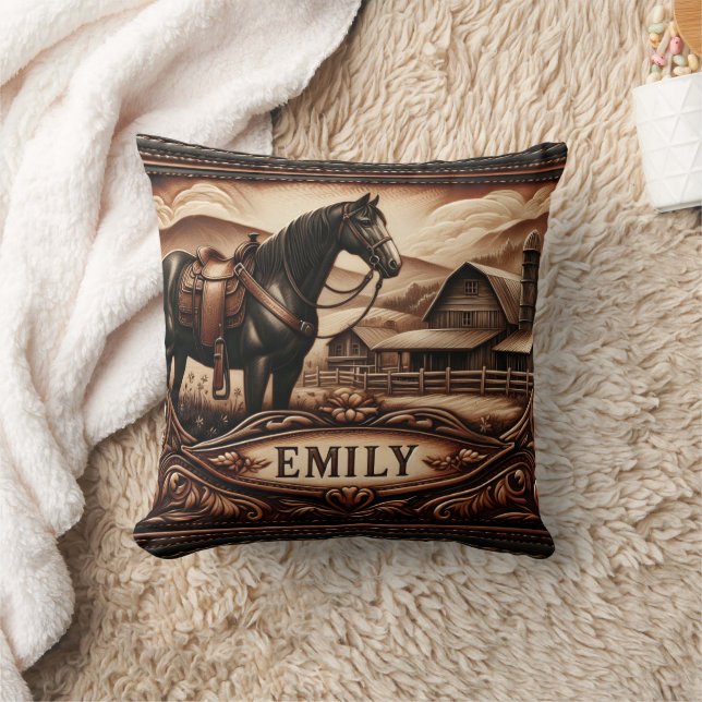 Leather Art Depicting Horse Near Rustic Barn Cushion (Blanket)