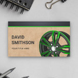 Leather Black Green Car Alloy Wheel Rim Mechanic Business Card<br><div class="desc">Professional business card featuring faux tan leather and faux black carbon fibre elements with modern typography. Add your name and contact details to make a lasting first impression.</div>