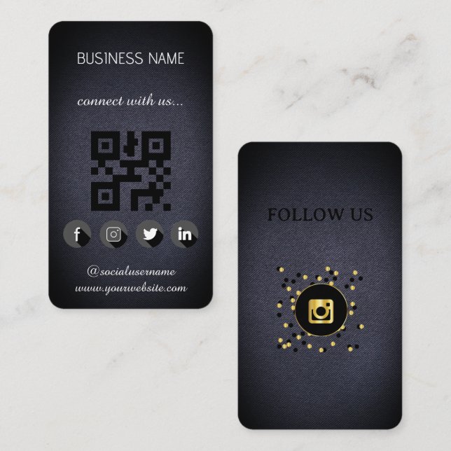 Leather black -Social Media QR Code  Business Card (Front/Back)