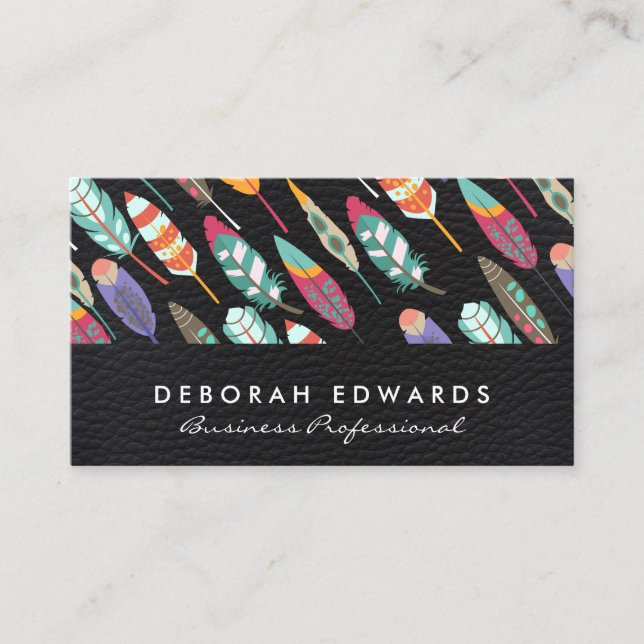 Leather | Boho Feather Pattern Business Card (Front)