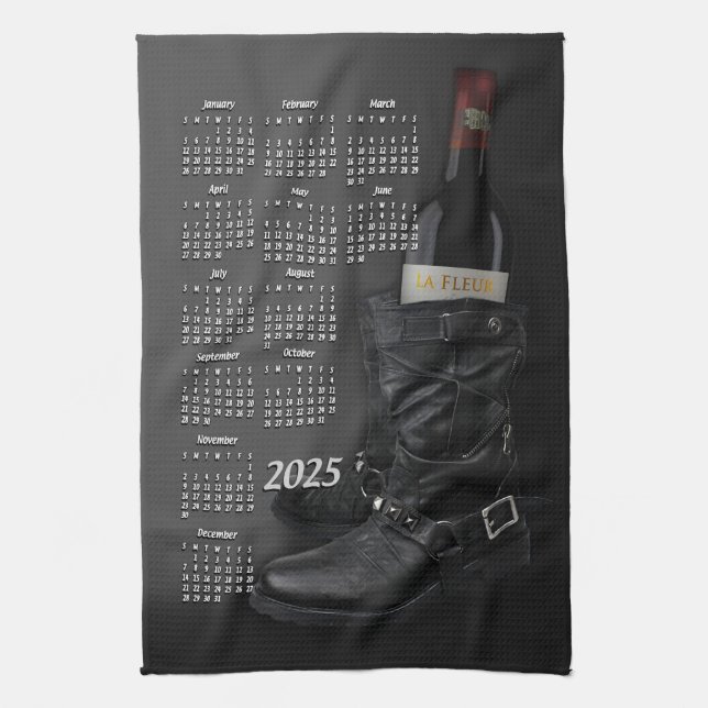 Leather Boots & Wine Bottle 2025 Calendar Tea Towel (Vertical)
