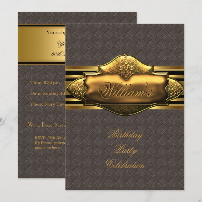 Leather Brown Gold Birthday Party Mens 60th Invitation (Front/Back)
