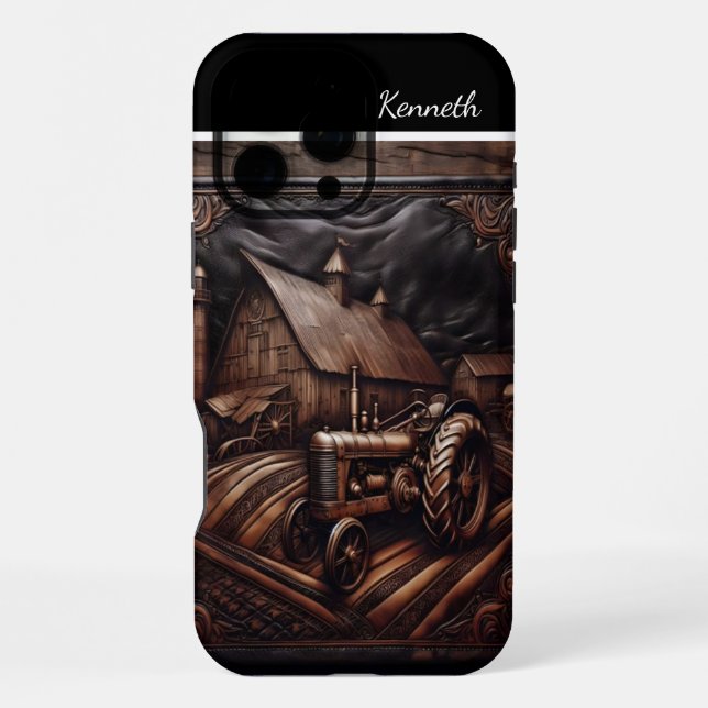 Leather Carved Tractor Scene iPhone Case (Back)