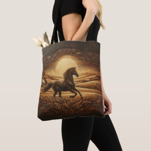 Leather Carving of a Running Horse Tote Bag