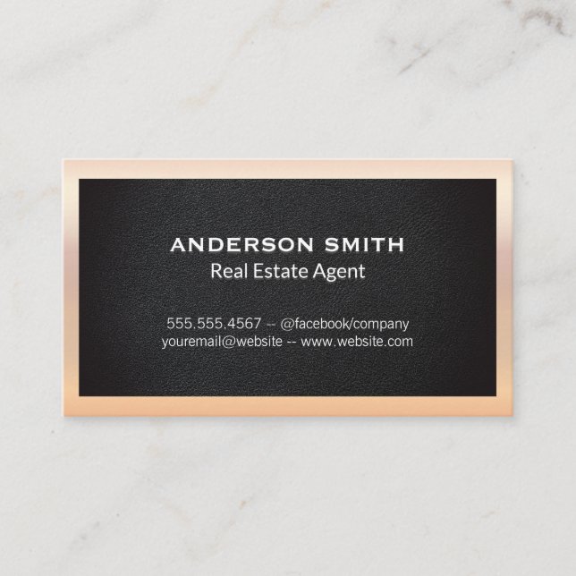 Leather | Classic Rose Gold Metal Border Business Card (Front)