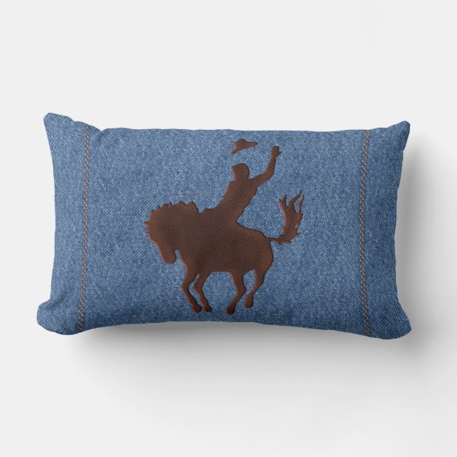 Leather Cowboy and Horse on Denim (Lumbar Pillow) Lumbar Cushion (Front)