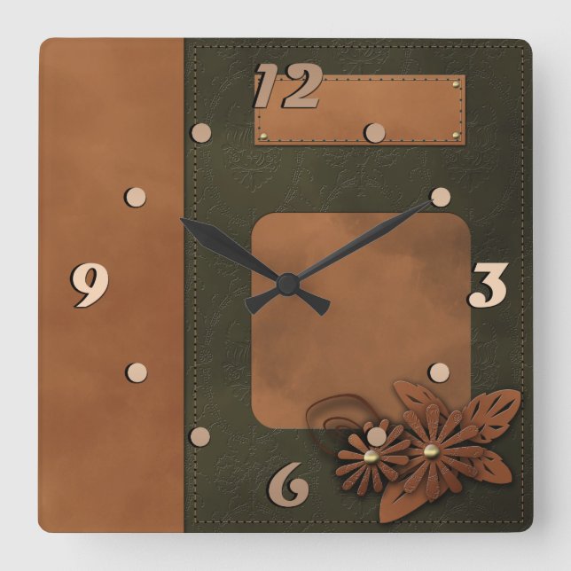 Leather decor square wall clock (Front)