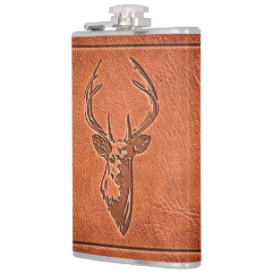 leather embossed stags head. hip flask