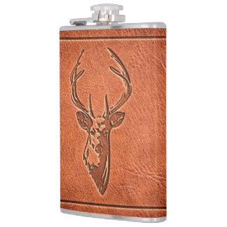 leather embossed stags head. hip flask
