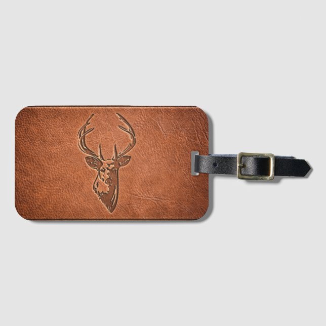 leather embossed stags head. luggage tag (Front Horizontal)