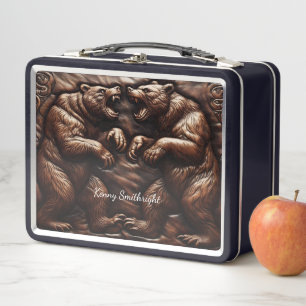 Leather-Engraved Grizzly: Wild Power Metal Lunch Box
