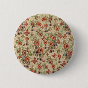 Leather Flowers on Cream Suede 6 Cm Round Badge