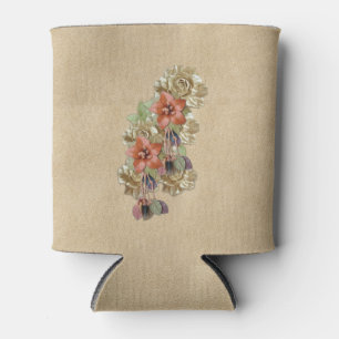 Leather Flowers on Cream Suede Can Cooler