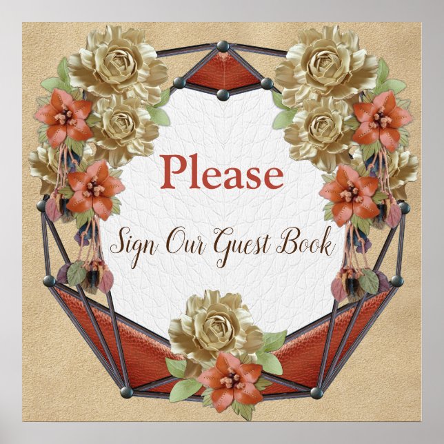 Leather Flowers on Cream Suede Guest Book (Front)