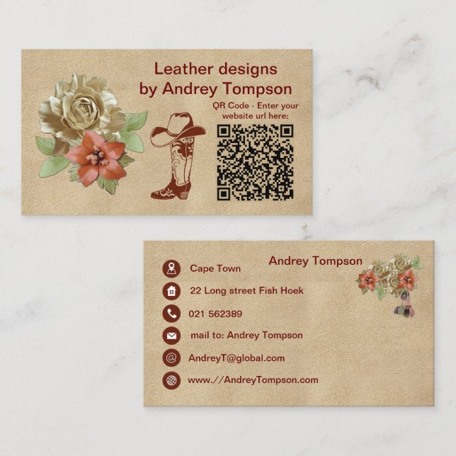 Leather Flowers on Cream Suede Wristlet Business C Business Card (Front/Back)