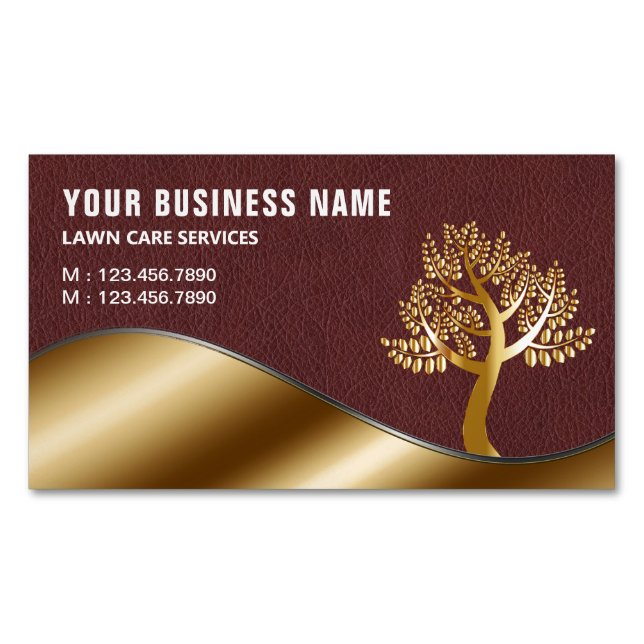 Leather Gold Tree Gardening Landscaping Lawn Care Magnetic Business Card (Front)