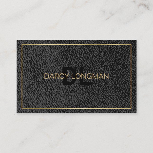 Leather Grain Look Black Charcoal Gold Business Card (Front)