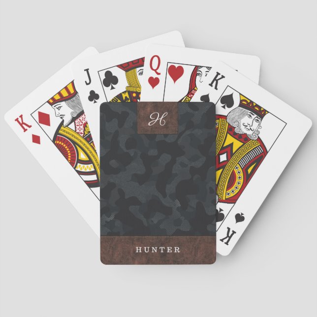 Leather & Grey Camouflage Pattern Name & Monogram Playing Cards (Back)