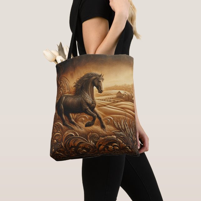 Leather Horse Ranch Sunset Tote Bag (Close Up)