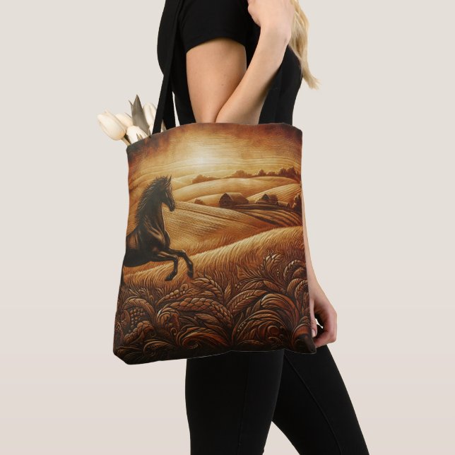 Leather Horse Ranch Sunset Tote Bag (Close Up)