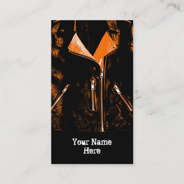 Leather Jacket Orange 'Name' business card black (Front)