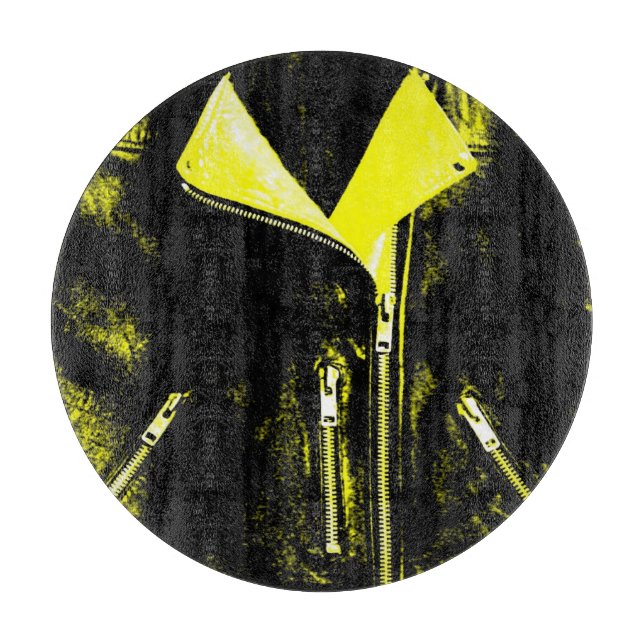 Leather Jacket Yellow cutting board round (Front)